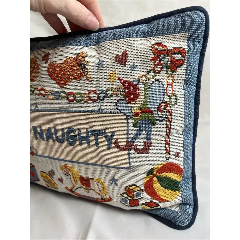 Tapestry Throw Pillow “Naughty” Christmas Decor Regtangular 12”x10”, Toy Motif